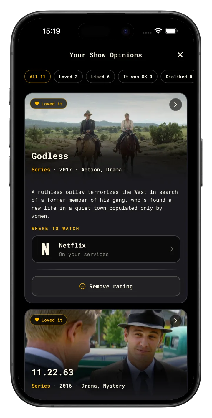 Your show opinions, with titles marked as loved or liked
