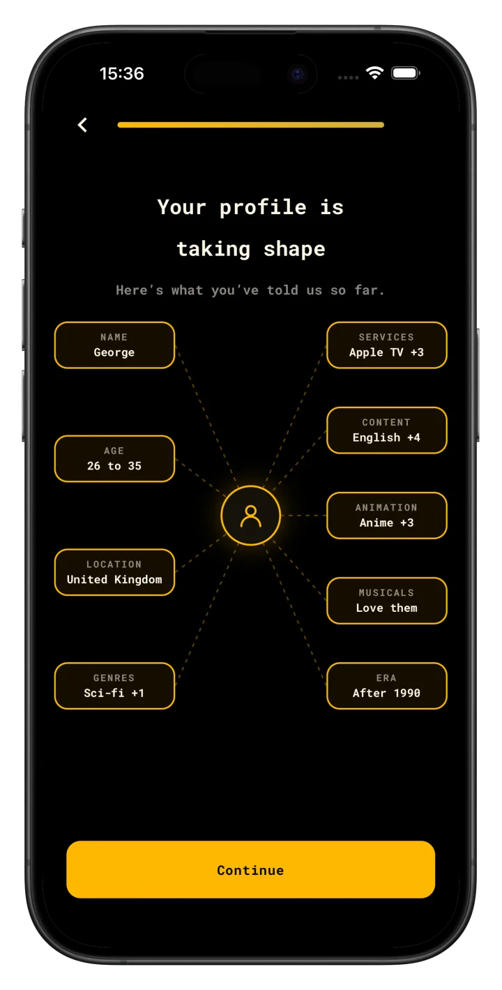 A taste profile built from your name, age, services, genres and preferences